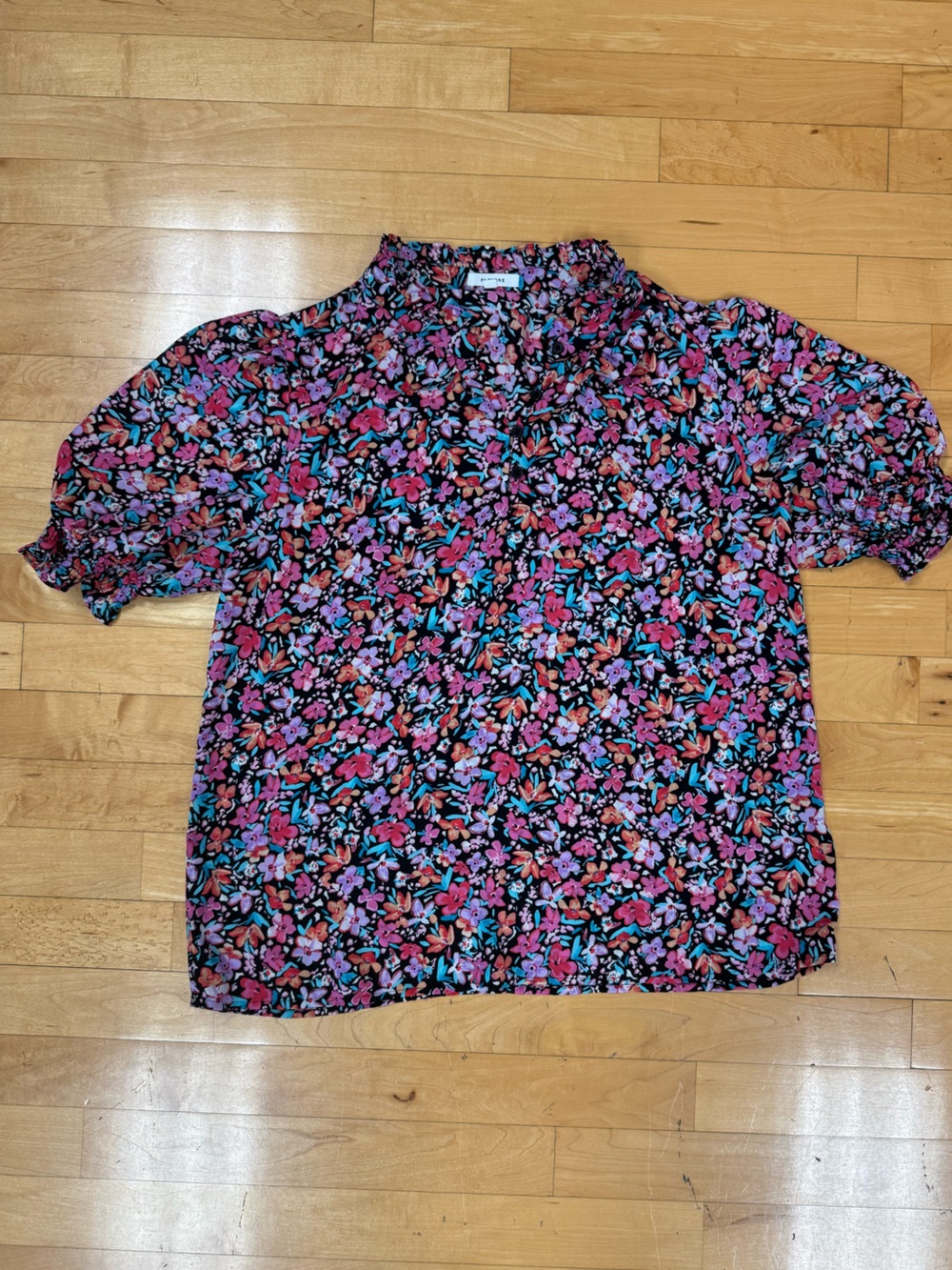 Pleione Black Floral Top with Pink, Teal & Purple Accents